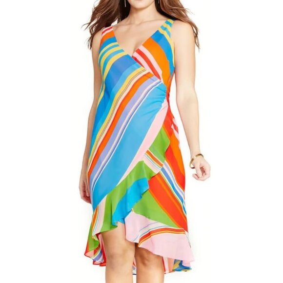 NEW NWT LAUREN RALPH LAUREN LRL Multicolor Stripe Chiffon Faux Wrap Summer Dress - Picture 1 of 16